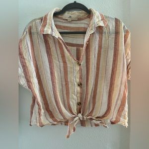 Stripped Linen orange/red/yellow tie up button shirt